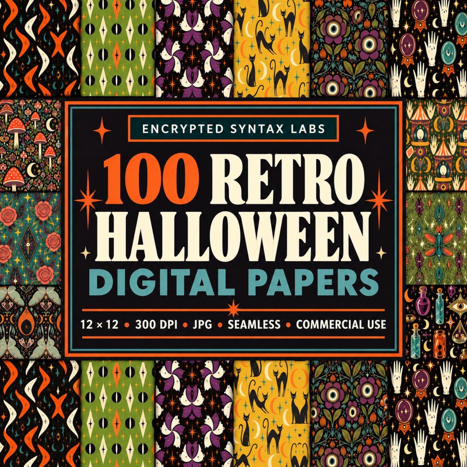 100 Retro Halloween Digital Papers, Atomic Gothic Seamless Patterns, 12x12 Scrapbook Bundle, Commercial Use