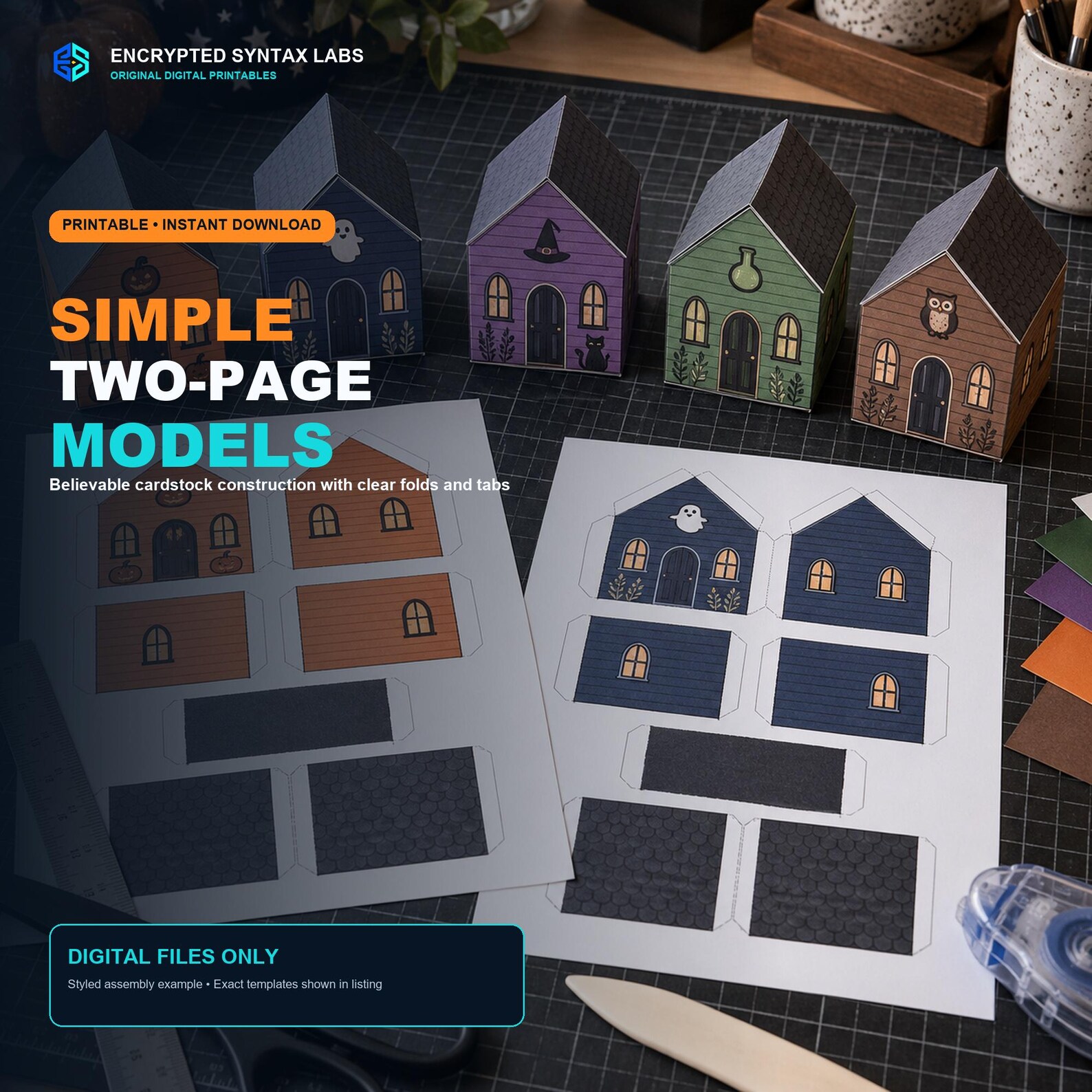 20 Halloween Haunted Village Paper Houses, Printable Papercraft PDF SVG Cricut Bundle - Image 5