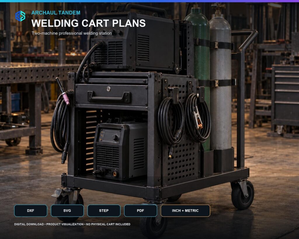 ArcHaul Tandem Welding Cart Plans, Dual Welder DXF Step Pdf, Mig Tig Cart