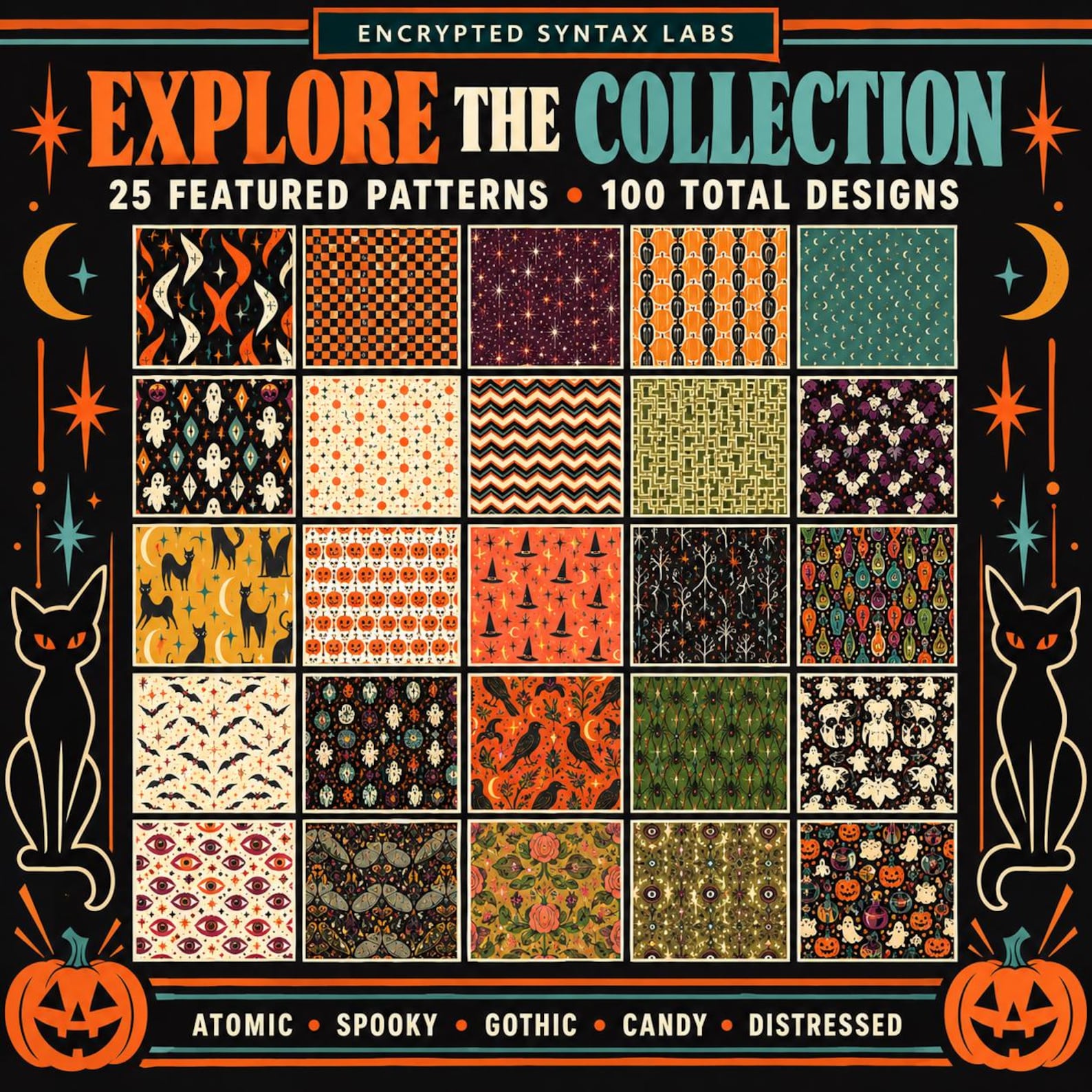 100 Retro Halloween Digital Papers, Atomic Gothic Seamless Patterns, 12x12 Scrapbook Bundle, Commercial Use - Image 2