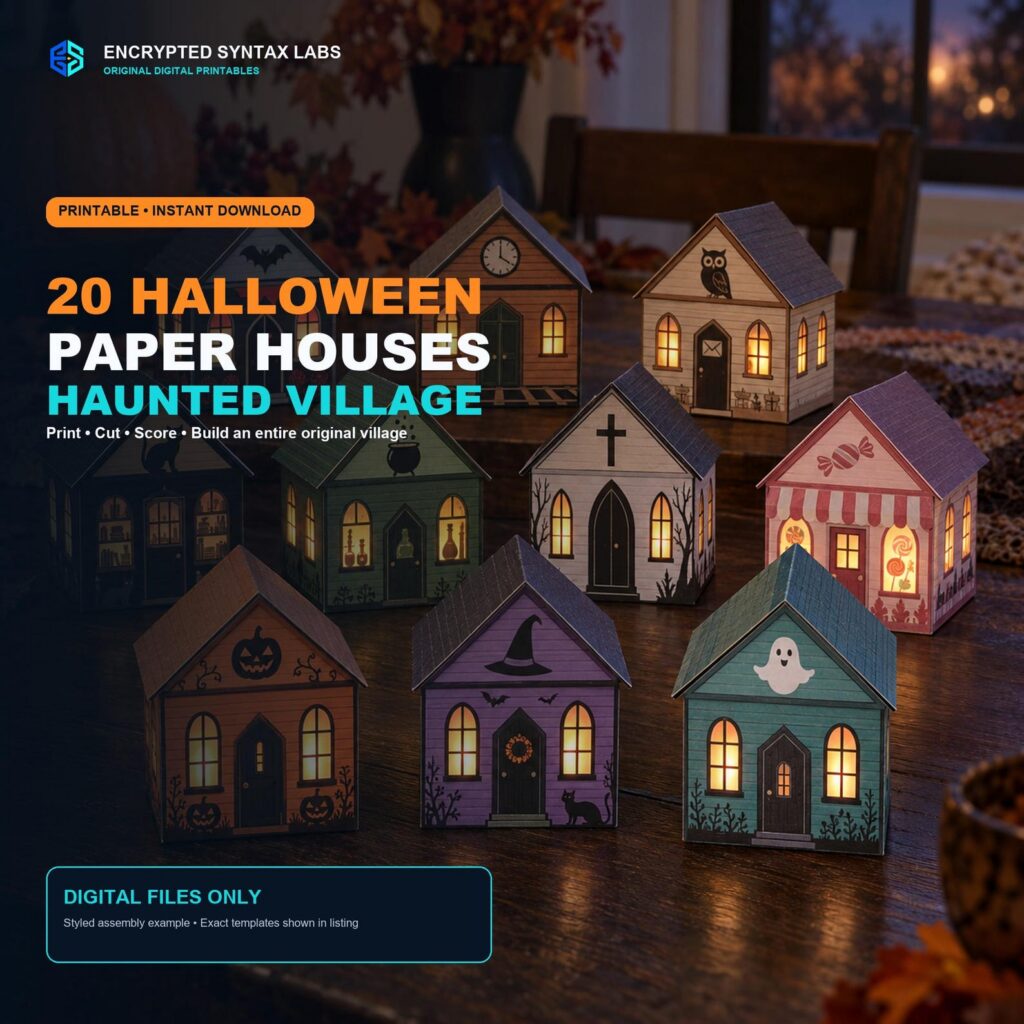 20 Halloween Haunted Village Paper Houses, Printable Papercraft PDF SVG Cricut Bundle